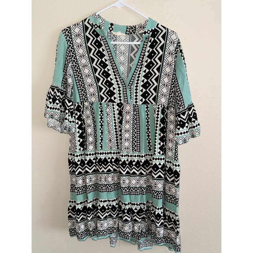 Easel Los Angeles Geometric Tribal Print Babydoll Tunic Dress Mint Black Small